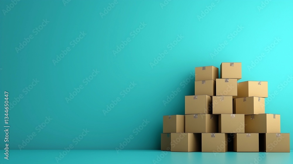 Stacked cardboard boxes against a vibrant turquoise wall in a modern workspace Stacked cardboard boxes against a vibrant turquoise wall in a modern workspace