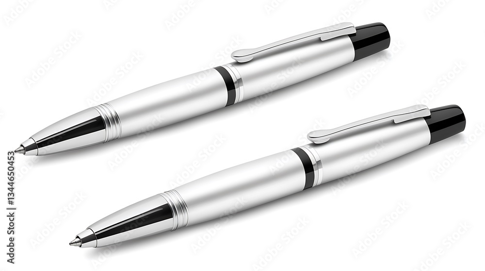Two metal pens lying down on white background Two metal pens lying down on white background