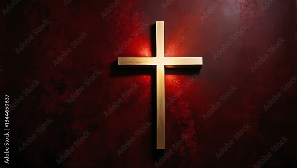 Glowing Light Cross on Dark Red Textured Background. Spiritual Artwork. Good Friday Radiant Cross on Deep Red Textured Painting Glowing Light Cross on Dark Red Textured Background. Spiritual Artwork. Good Friday Radiant Cross on Deep Red Textured Painting