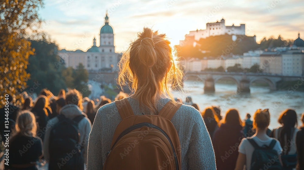 Fototapeta premium Tourist gazes at Salzburg sunset