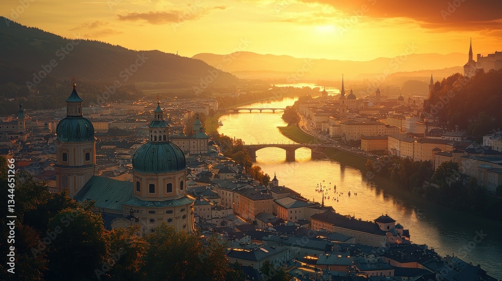Fototapeta premium Salzburg, Austria cityscape at golden sunset