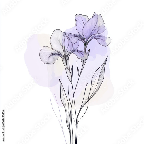 Single continuous line drawing of a iris flowers with purple watercolor accent. Minimalist style, elegant and clean composition.