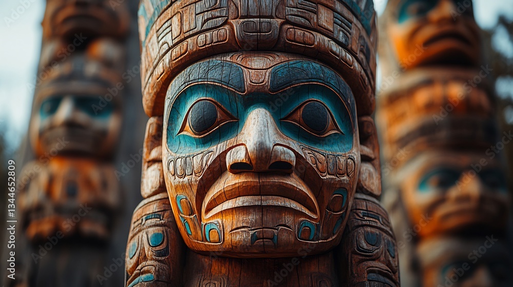 Detailed close up of ancient wooden totem poles intricate carvings representing cultural identity and spiritual beliefs in prehistoric human societies Detailed close up of ancient wooden totem poles intricate carvings representing cultural identity and spiritual beliefs in prehistoric human societies