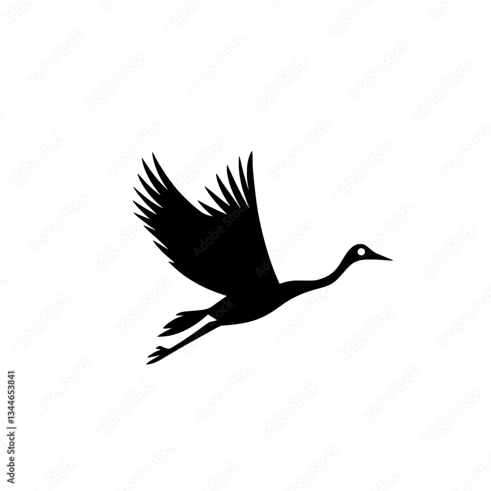 Obraz premium Elegant black crane in flight showcasing intricate details of nature-inspired design for vintage tattoo lovers