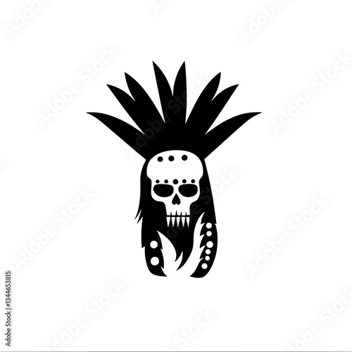 Intricate engraved illustration of a skull adorned with feathers and striking designs conveying a vintage tattoo aesthetic