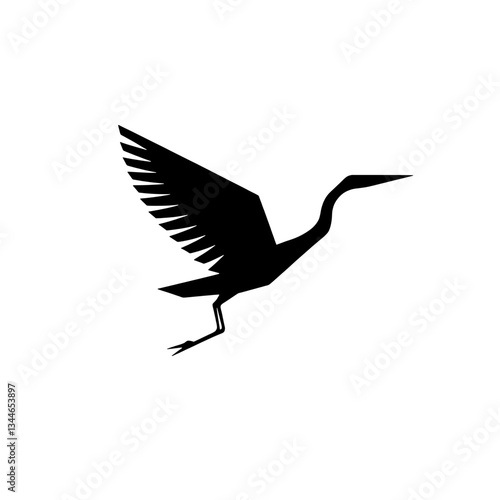 Elegant black-winged bird taking flight captured in intricate engraved design