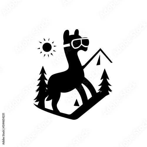 Vintage-inspired engraved illustration of a stylish llama in sunglasses conquering a mountain landscape