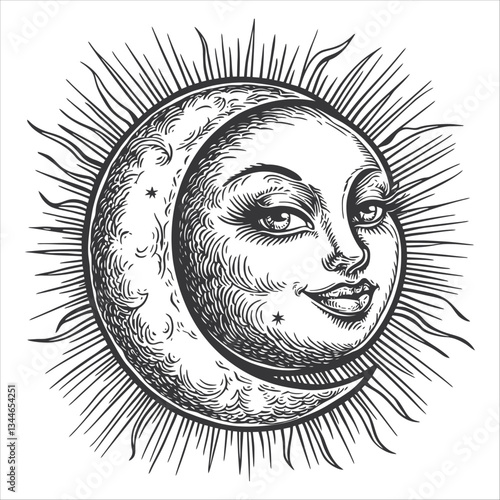Intricate Illustration of Moon and Sun with Radiant Sunbeams