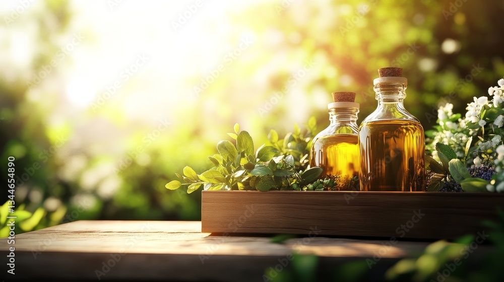 Natural Herbal Oils in Wooden Box - Two amber glass bottles of essential oil sit in a wooden box surrounded by lush greenery, bathed in warm sunlight Natural Herbal Oils in Wooden Box - Two amber glass bottles of essential oil sit in a wooden box surrounded by lush greenery, bathed in warm sunlight