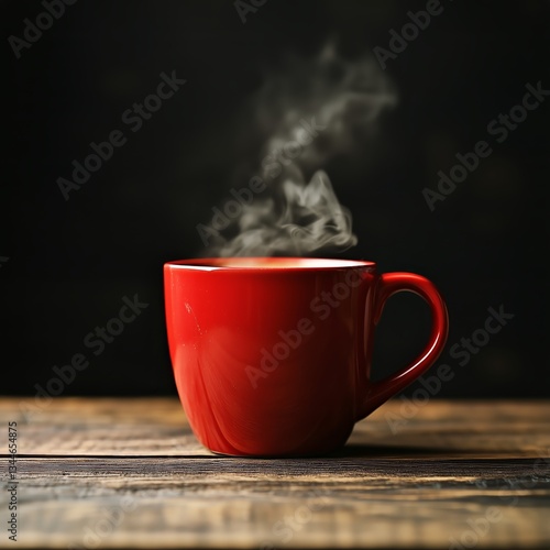 Warm Coffee Steams in a Red Cup on Rustic Wooden Table in Dim Light