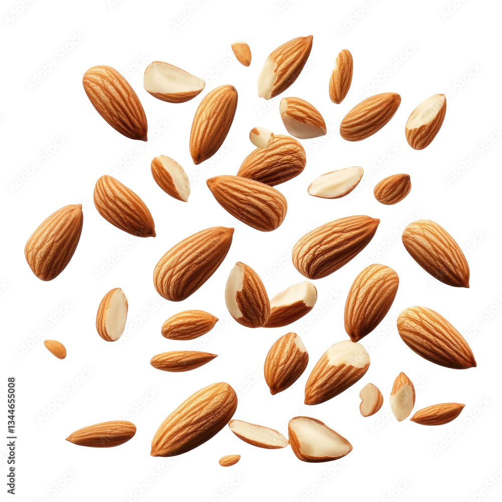 Almonds falling in a whtie background Almonds falling in a whtie background
