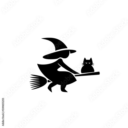 Whimsical illustration of a witch flying with her cat on a broomstick in a vintage hand-drawn style