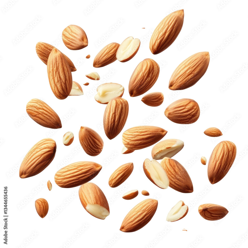 Almonds falling in a whtie background Almonds falling in a whtie background