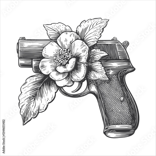 Handgun with Floral Design Delicate Gun and Flower Illustration