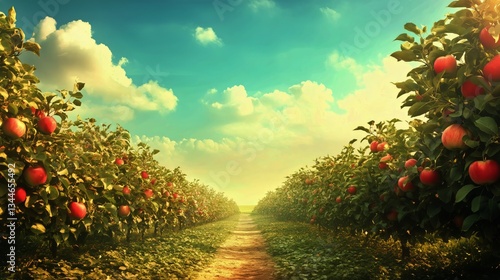 Bountiful Apple Orchard at Sunset With Vibrant Colors and Lush Greenery