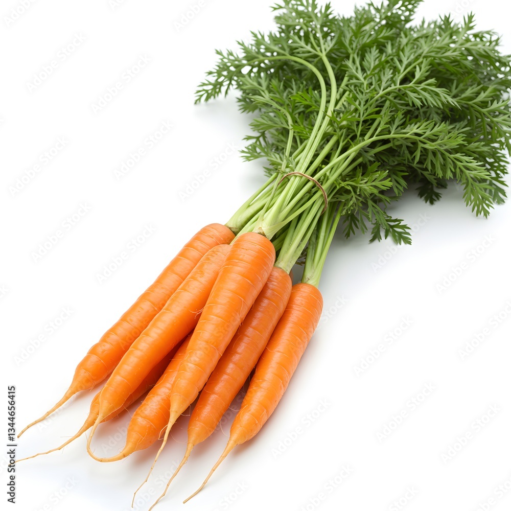 Fresh organic carrots with green tops on white Fresh organic carrots with green tops on white