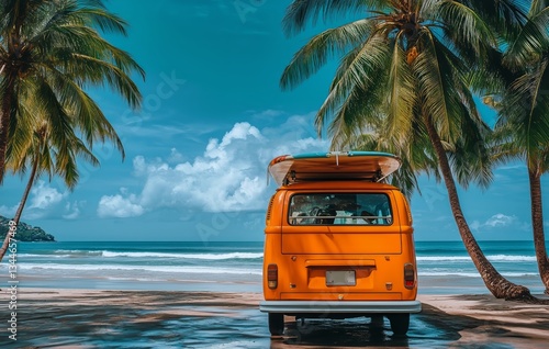 Surfer Van Parked by the Beach Under Palm Trees on a Sunny Day
