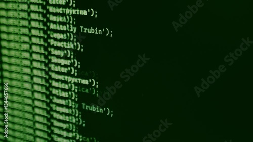 Blurry fast-moving green lines of code appear on a screen, creating a futuristic Matrix-style effect, symbolizing hacking, data processing, or AI. A close-up shot of a computer screen.