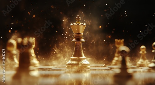 Majestic Golden Chess King Standing Strategically on a Dimly Lit Chessboard S...