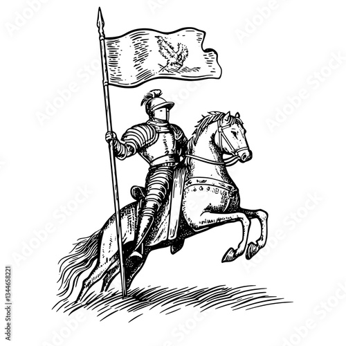 Medieval knight on horseback holding a flag, showcasing intricate engraved illustration and vintage tattoo design elements