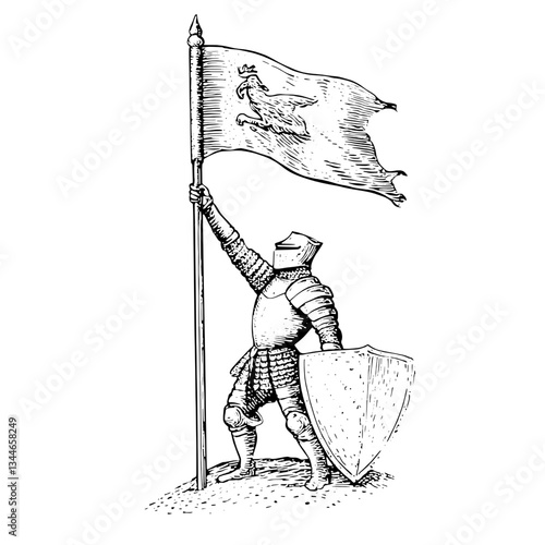 Engraved illustration of a knight proudly holding a flag in celebration of valor and courage