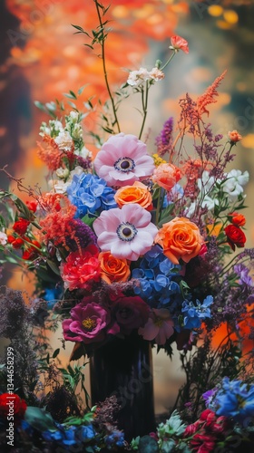 Vibrant Floral Arrangement Featuring Various Colorful Blossoms Against a Dram...