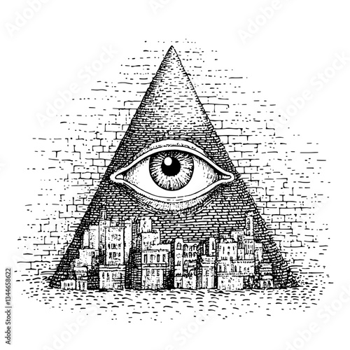 Intricate engraved design featuring an all-seeing eye within a pyramid surrounded by vintage cityscape elements