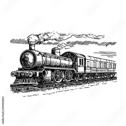 Engraved illustration of a vintage steam locomotive chugging along the tracks in a serene countryside landscape on a sunny afternoon