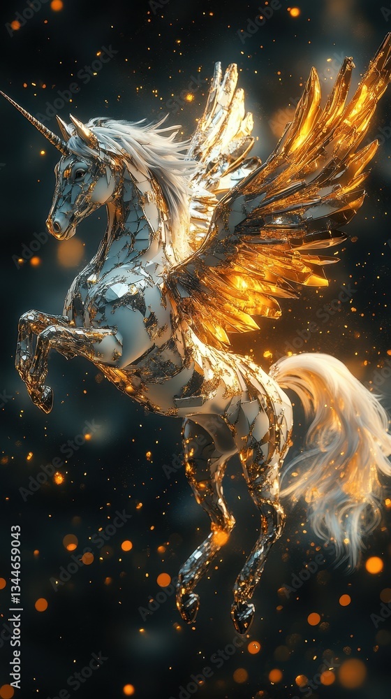 Obraz premium A golden winged unicorn rearing up against a dark background