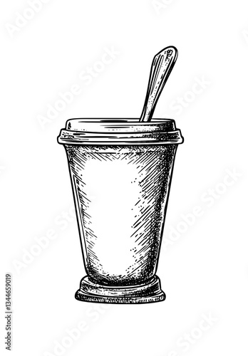 Engraved illustration of a vintage cup with a spoon, showcasing intricate details in black and white, perfect for tattoo design inspiration