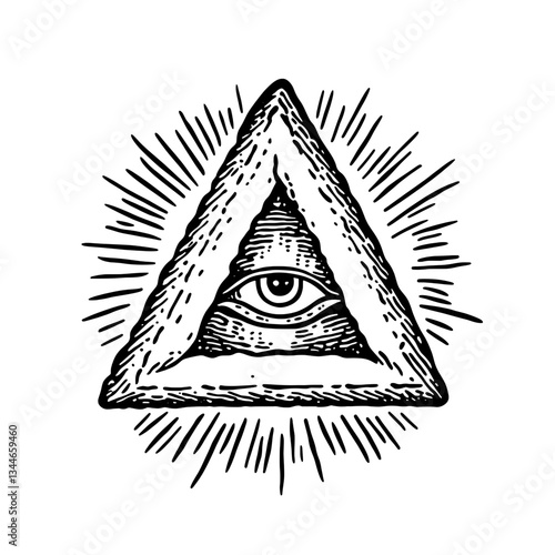 Mysterious engraved illustration of an all-seeing eye symbol surrounded by rays of light in a vintage design style