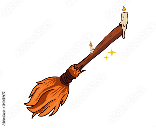 Magical Witch's Broomstick with Lit Candles and Sparkling Effects