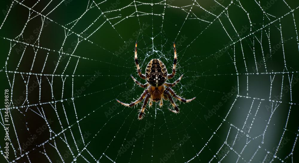 Spider in intricate web, dew drops Spider in intricate web, dew drops