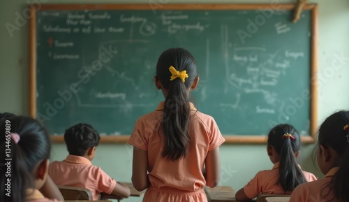 indian schoolgirl writing in notebook during class
