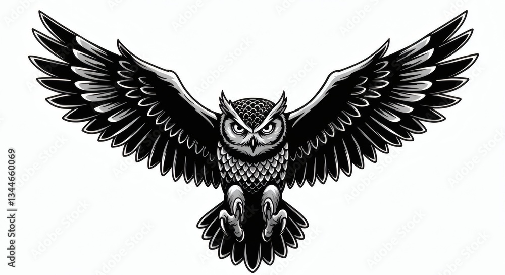 Obraz premium Majestic Great Horned Owl in Flight: A Black and White Illustration