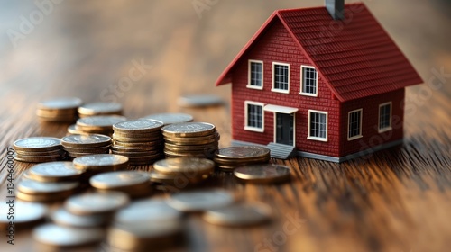 Wallpaper Mural Red house model beside stacks of coins on wooden table. Torontodigital.ca
