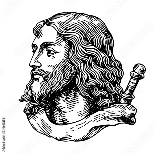Intricate engraving of a regal figure with flowing hair and a sword, embodying vintage artistry and unique tattoo design elements