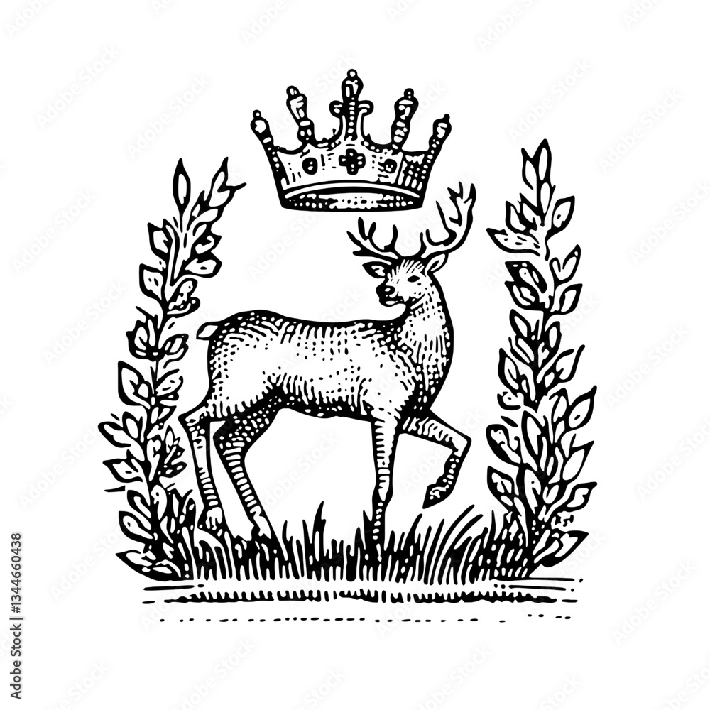 custom made wallpaper toronto digitalIntricate vintage engraving of a regal stag beneath a crown, beautifully designed with delicate foliage and timeless artistry