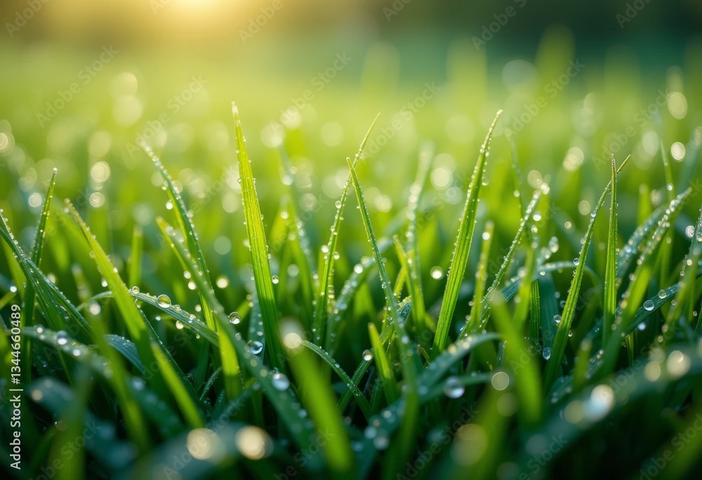 Fresh spring grass with dew - macro shot of bright green blades of grass covered in sparkling morning dew with soft bokeh effect in the background Fresh spring grass with dew - macro shot of bright green blades of grass covered in sparkling morning dew with soft bokeh effect in the background