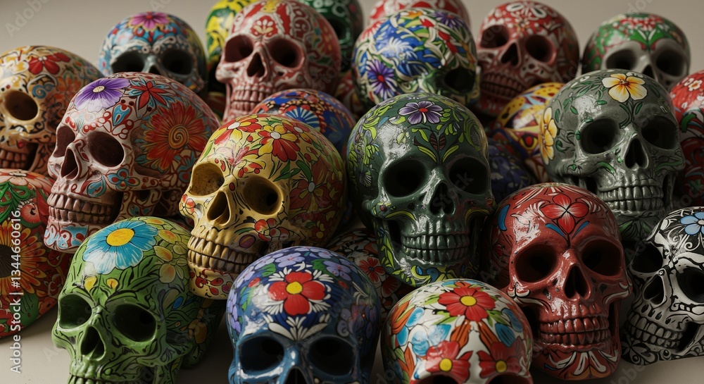 Fototapeta premium Colorful decorative skulls adorned with floral patterns presenting a festive and lively atmosphere, symbolizing celebration and remembrance during the Day of the Dead