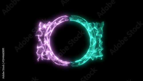 Abstract brightly colored modern energy sphere with purple and green particles mirroring each other on the dark background