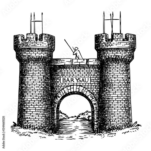 Fortress illustration featuring a vintage engraved design with a watchman standing guard at the battlements