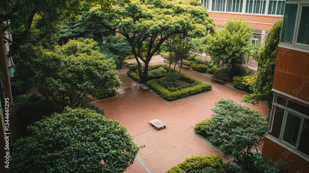 Serene Courtyard Garden with Lush Greenery and Brick Pathways