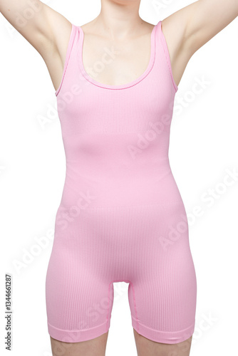 Studio shot of a woman's lower body from the front, showcasing grey ribbed high-waisted shorts. 