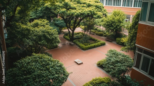 Obraz na płótnie Serene Courtyard Garden with Lush Greenery and Brick Pathways w salonie