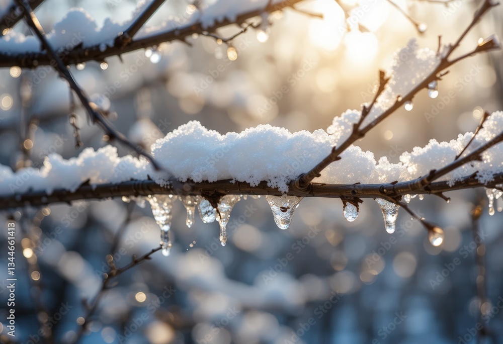 Melting snow on branches. Close-up of tree branches with the last bits of melting snow as a symbol of the transition from winter to spring. Melting snow on branches. Close-up of tree branches with the last bits of melting snow as a symbol of the transition from winter to spring.