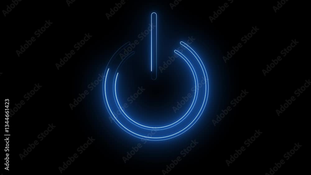 Animated neon glowing power button icon on the black background animation screen turn on off switch press close stop start button animated sign symbol. Animated neon glowing power button icon on the black background animation screen turn on off switch press close stop start button animated sign symbol.