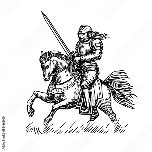 Dynamic illustration of a knight charging forward on a gallant steed with a raised sword in a vintage style