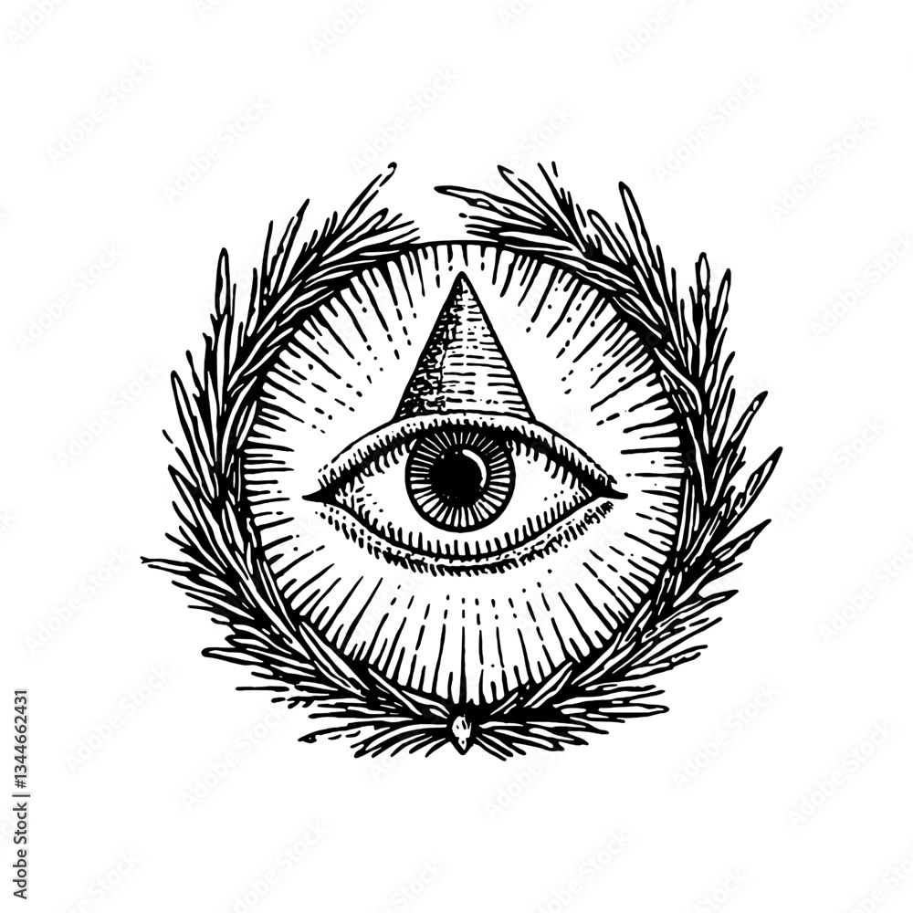 Fototapeta premium Intricate hand-drawn engraving of a mystical eye surrounded by foliage in a vintage monochrome design