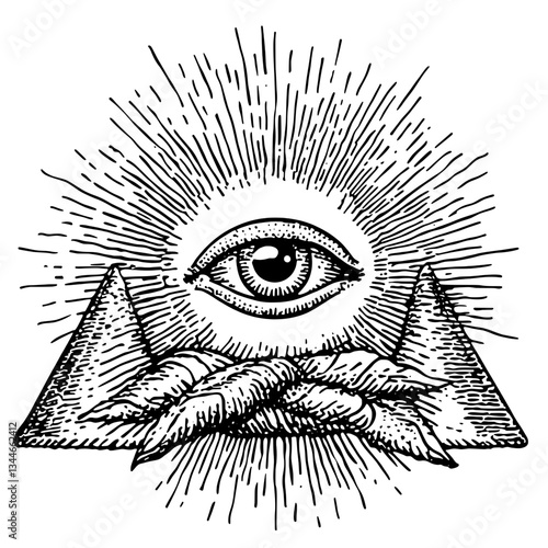 Intricate hand-drawn engraving featuring an all-seeing eye surrounded by mountains and rays of light for tattoo design